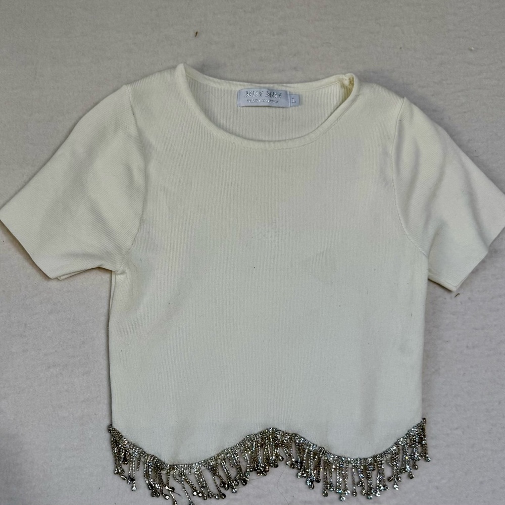MUY MUY Fancy Collection Beaded Fringe Crop Top Ivory Glam Party Size L